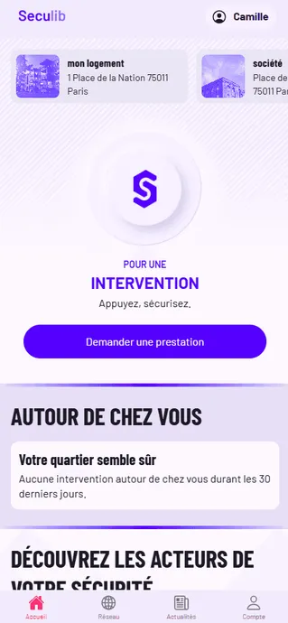 Écran d'accueil de l'application Seculib, avec le bouton Demander une prestation